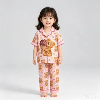 BB264 ชุดนอนเด็กผู้หญิงผู้ชาย ลายหมีน้อย เสื้อกระดุมหน้า กางเกงขายาว