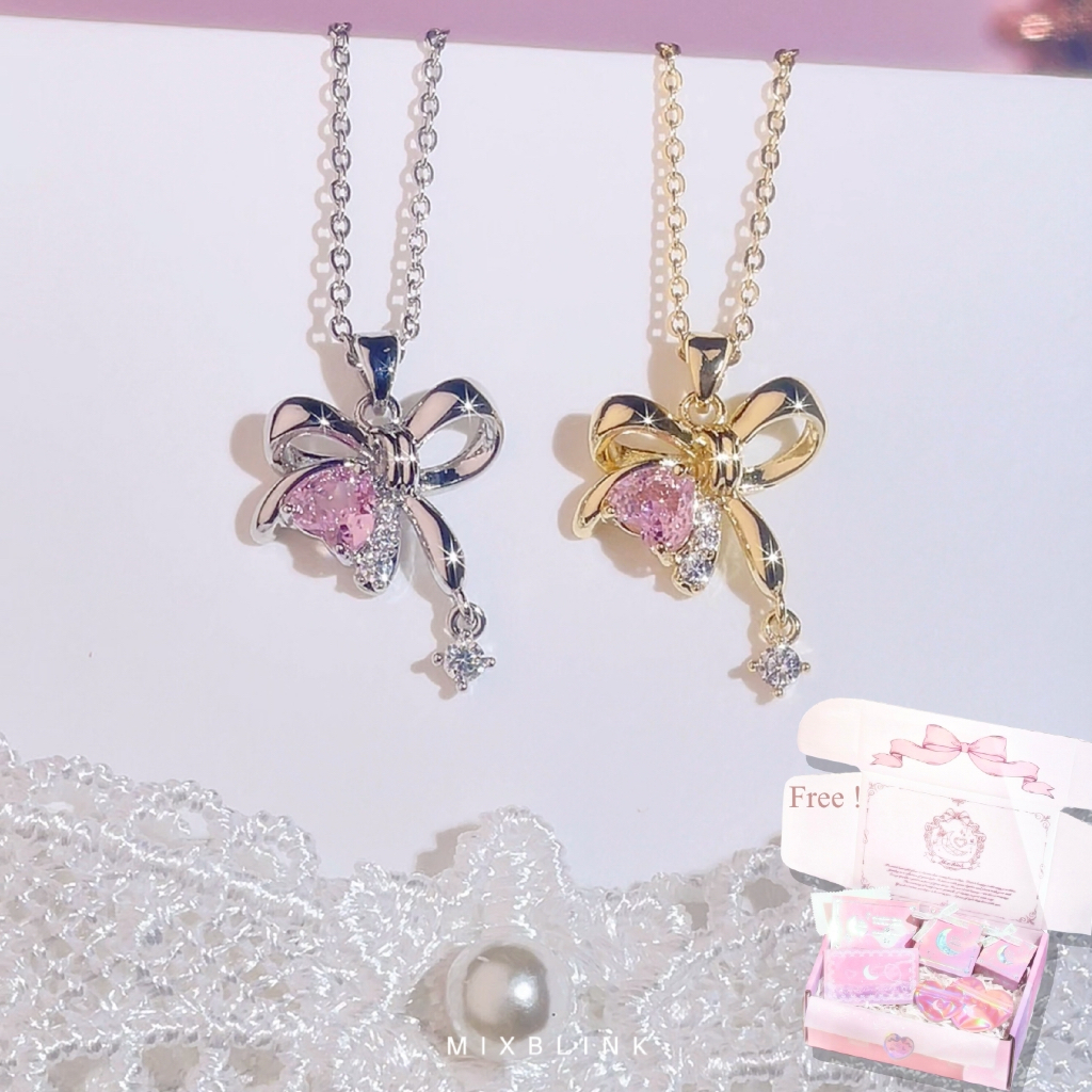สร้อยคอ ทองเหลืองชุบหนาพิเศษ ส่งฟรี EMS ♡ รุ่น Sweetie ♡ - ( #N18 ) จี้โบว์ แต่งพลอยสีชมพู ประดับห้อยเพชร cz MixBlink