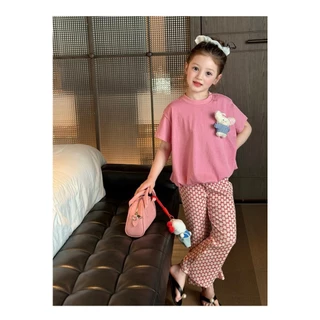 AY268 ชุดเซ็ตเด็กผู้หญิง เสื้อยืดสีพาสเทล แต่งตุ๊กตาหมี กางเกงขายาวขาบาน น่ารักมาก