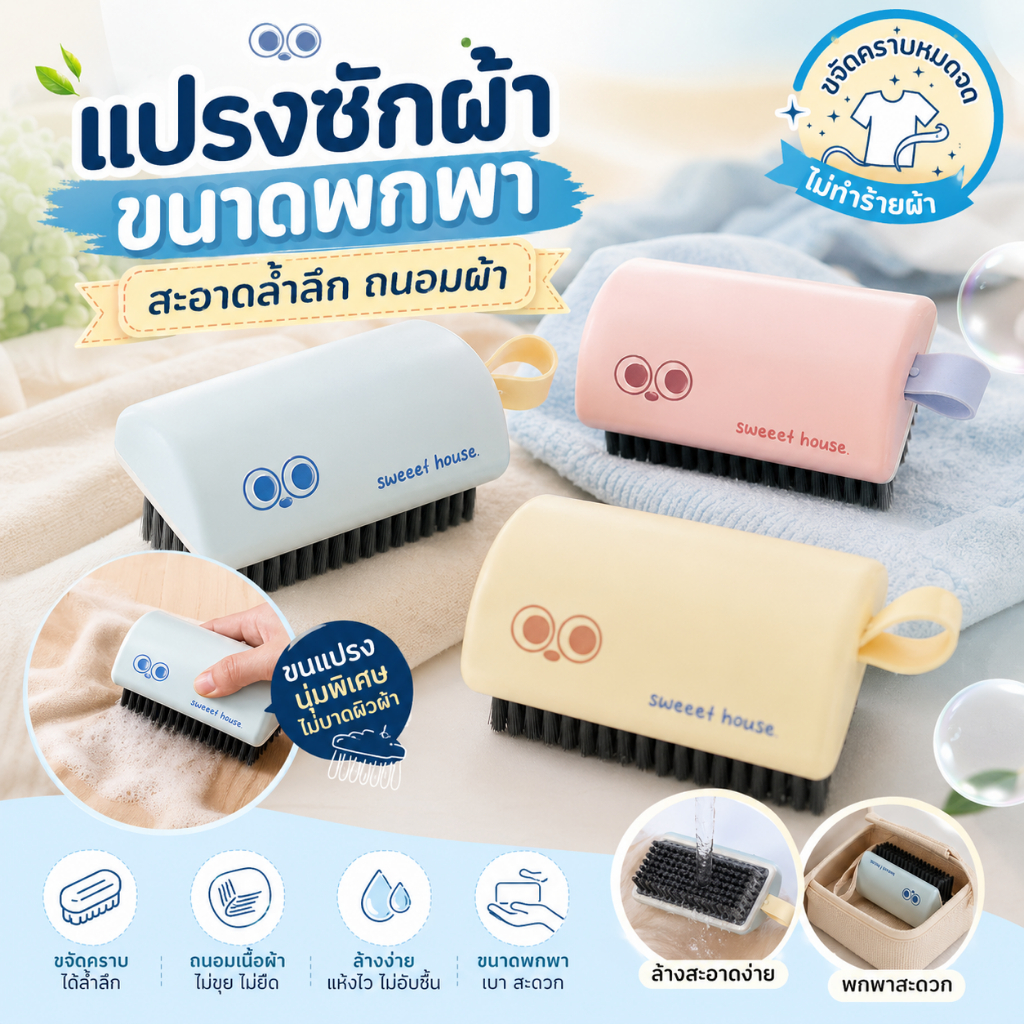 BRUSH-HOU แปรงซักผ้าสไตล์มินิมอล ขนแปรงนุ่มถนอมผ้า แปรงขัดอเนกประสงค์ดีไซน์ญี่ปุ่น จับถนัดมือ ไม่เปลืองแรง