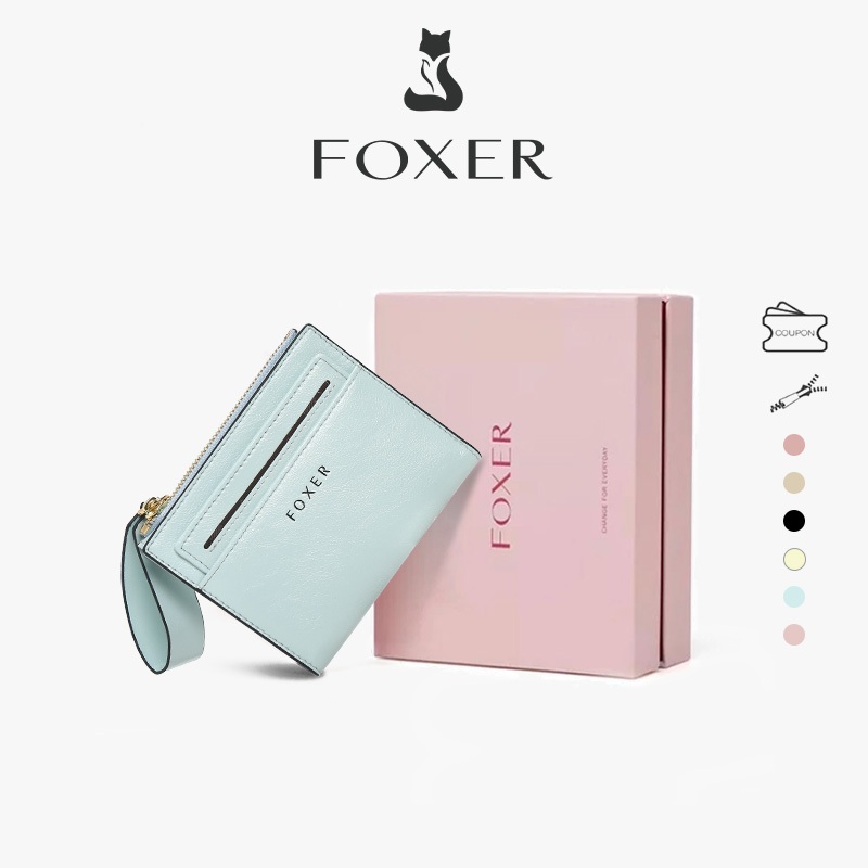 FOXER กระเป๋าสตางค์ผู้หญิงขนาดสั้น กระเป๋าใส่เหรียญแบบมีซิป กระเป๋าสตางค์สีพื้น ผลิตจาก PU คุณภาพสูง