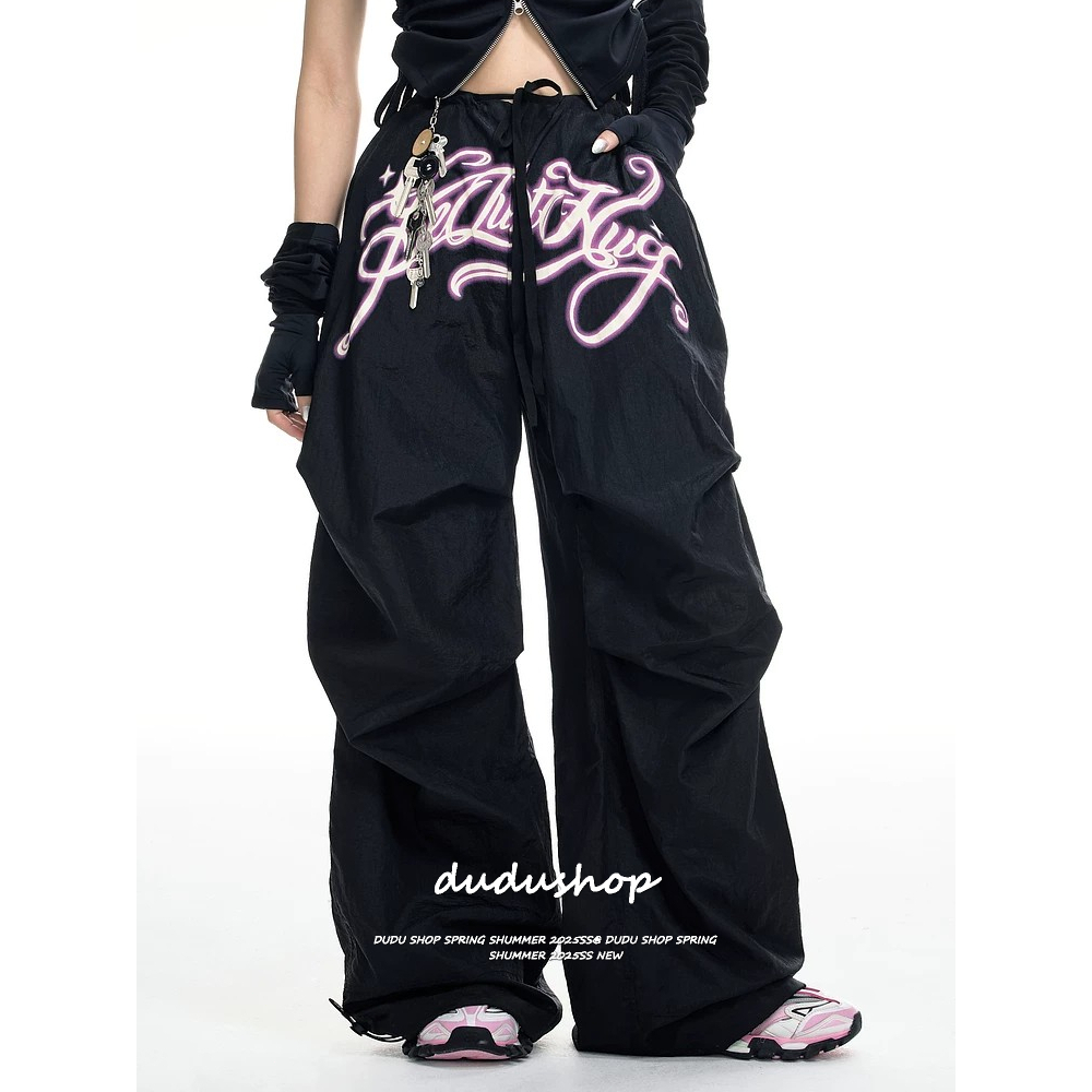[Summer quick drying fabric, wide leg pants]สไตล์อเมริกันวินเทจผู้หญิงสบาย ๆ แจ๊สเต้นสูงเอวกว้างขากางเกง
