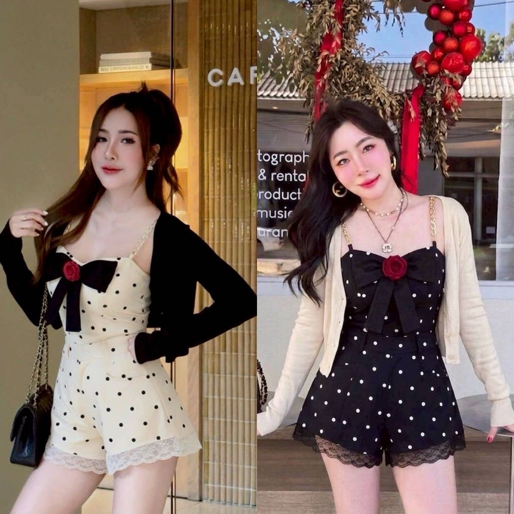จั๊มสูทขาสั้น ลายจุด+เข็มกลัด+เสื้อคลุม งานป้าย si-am