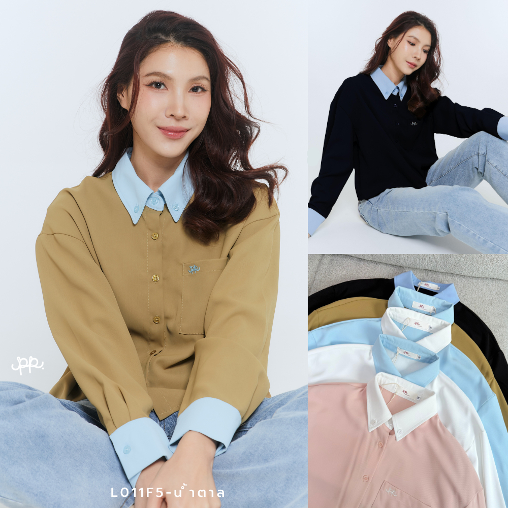L011F5:POIเสื้อเชิ๊ตคอปกแขนยาวปักlogo poi กระเป๋าหน้า