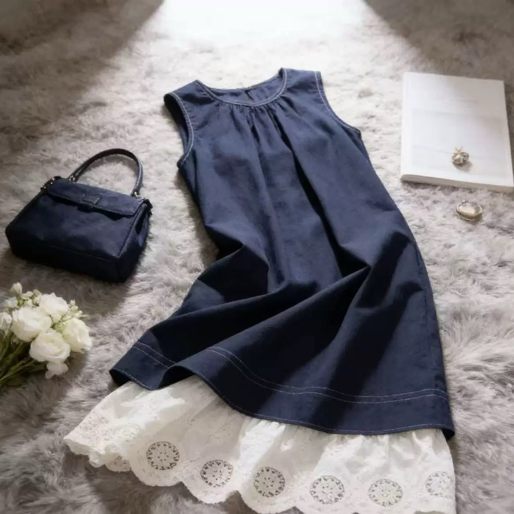 🤍Maxi dress เดรสแขนกุด ชายกระโปรงแต่งผ้าลูกไม้อย่างดีTag:Y.JIA💙