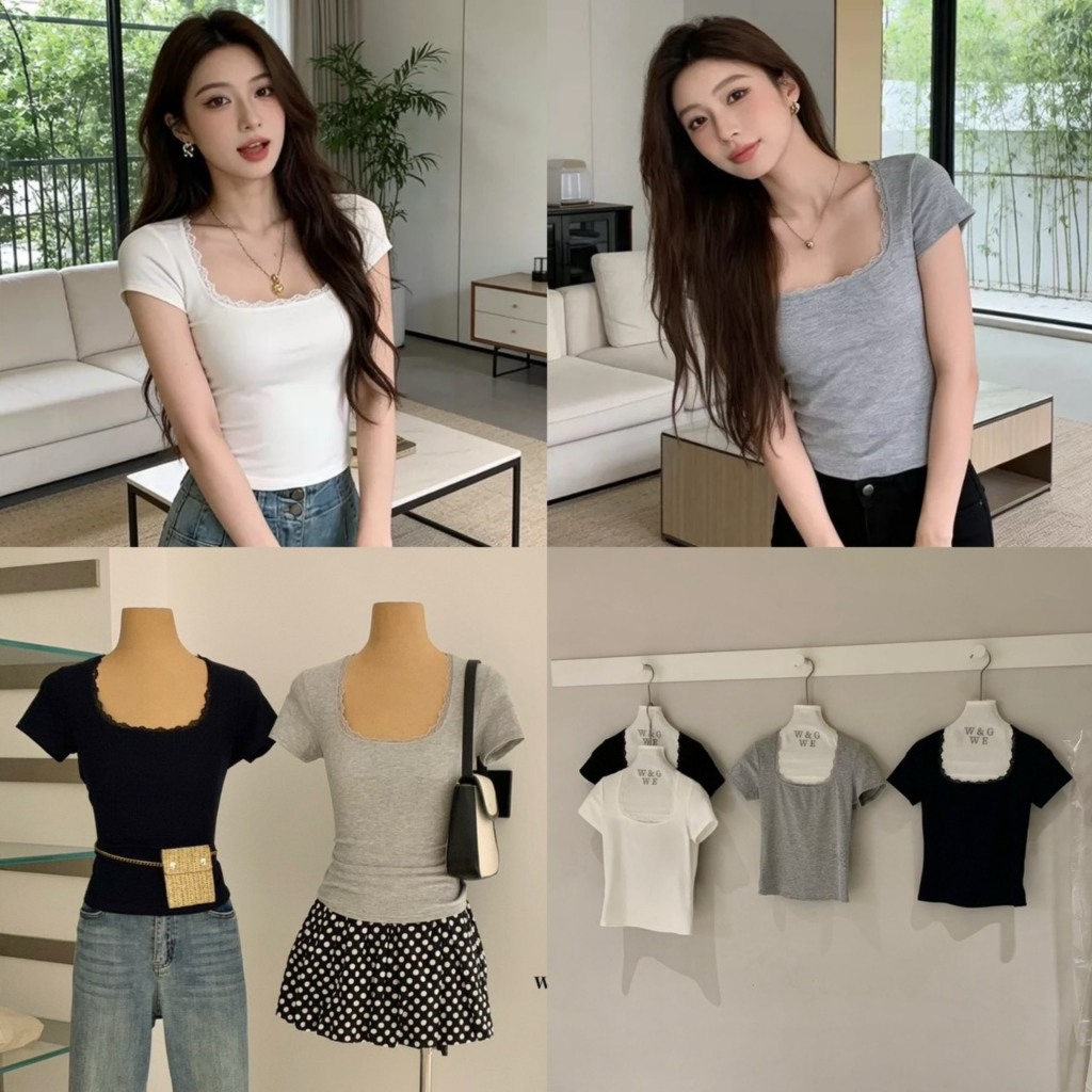 9362 เสื้อยืดแขนสั้นแต่งลูกไม้รอบคอ งานป้าย WG.WE 🇰🇷