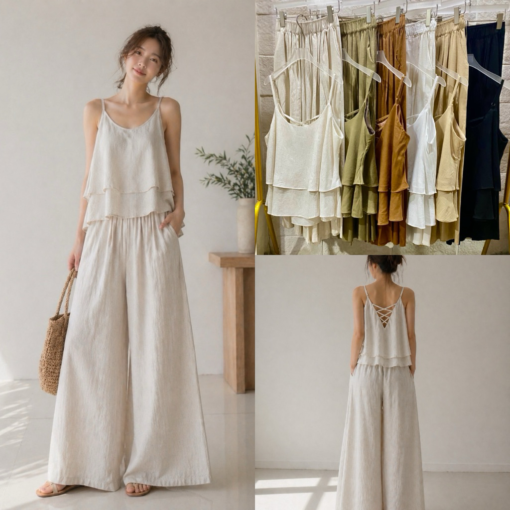 T94100เสื้อสายเดี่ยว/กางเกงขายาวผ้าลินิน