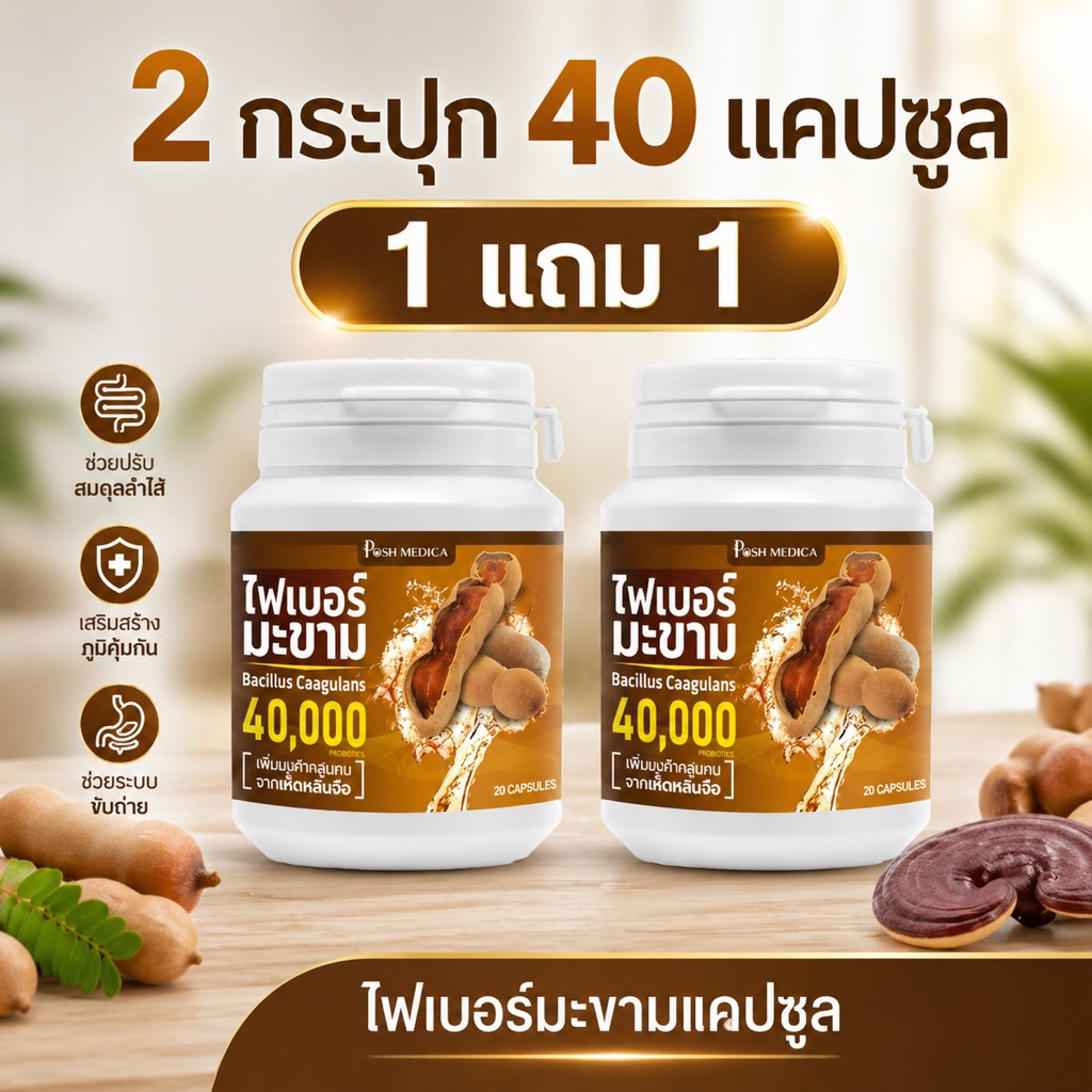 POHS FIBER เเพ็กคู่ ไฟเบอร์มะขาม บรรจุ 20 เเคปซูล