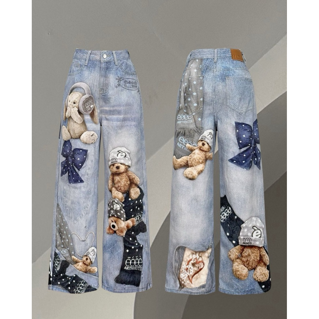 INFINITY : Bear Jeans (แบร์) กางเกงยีนส์ขากระบอก ผ้ายีนส์แท้พิมพ์ลายน้องหมีสุดน่ารัก ผ้าไม่ยืด สียีนส์อ่อนกำลังดี