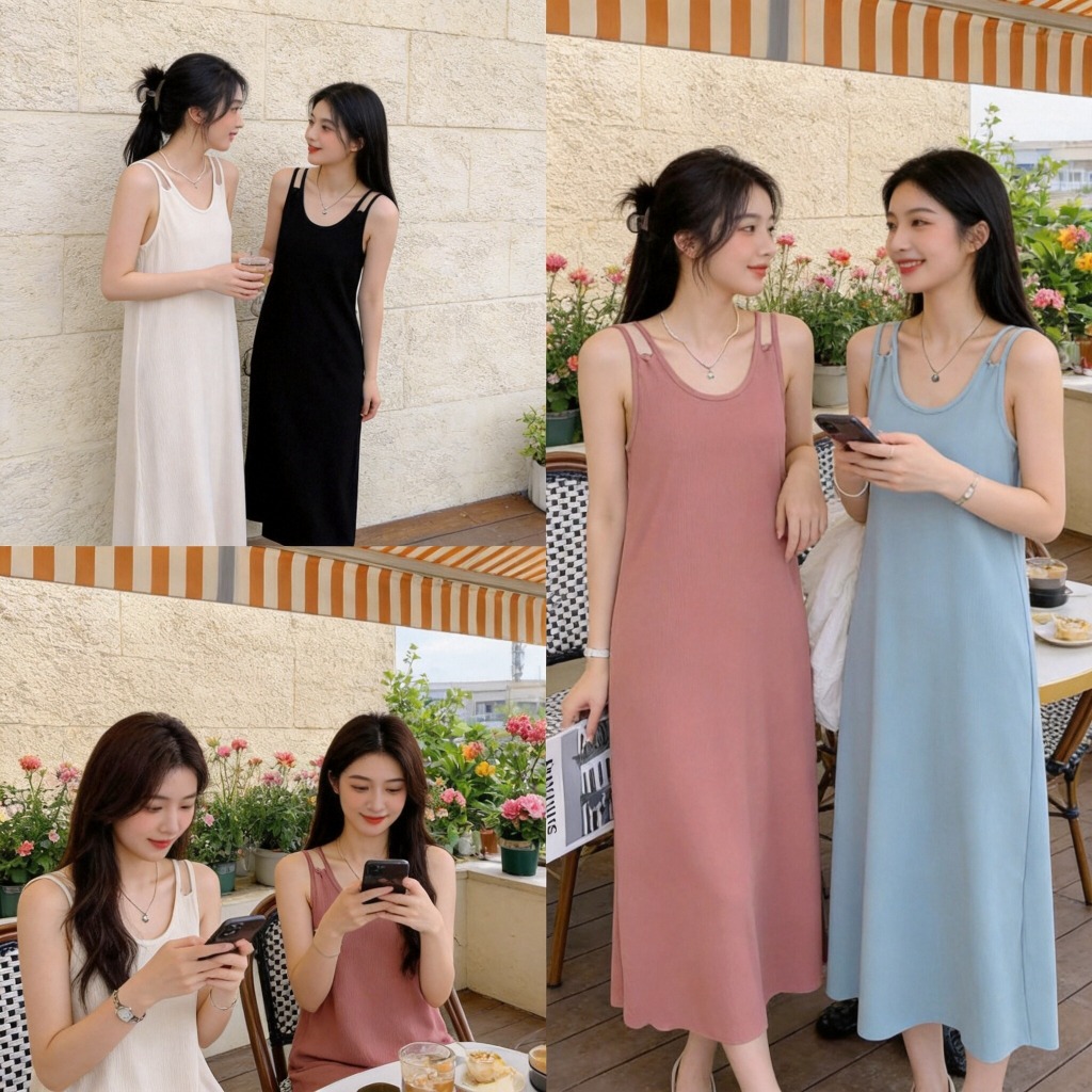 เดรสสายเดี่ยวผู้หญิง ทรงสีพื้น สวมใส่สบาย