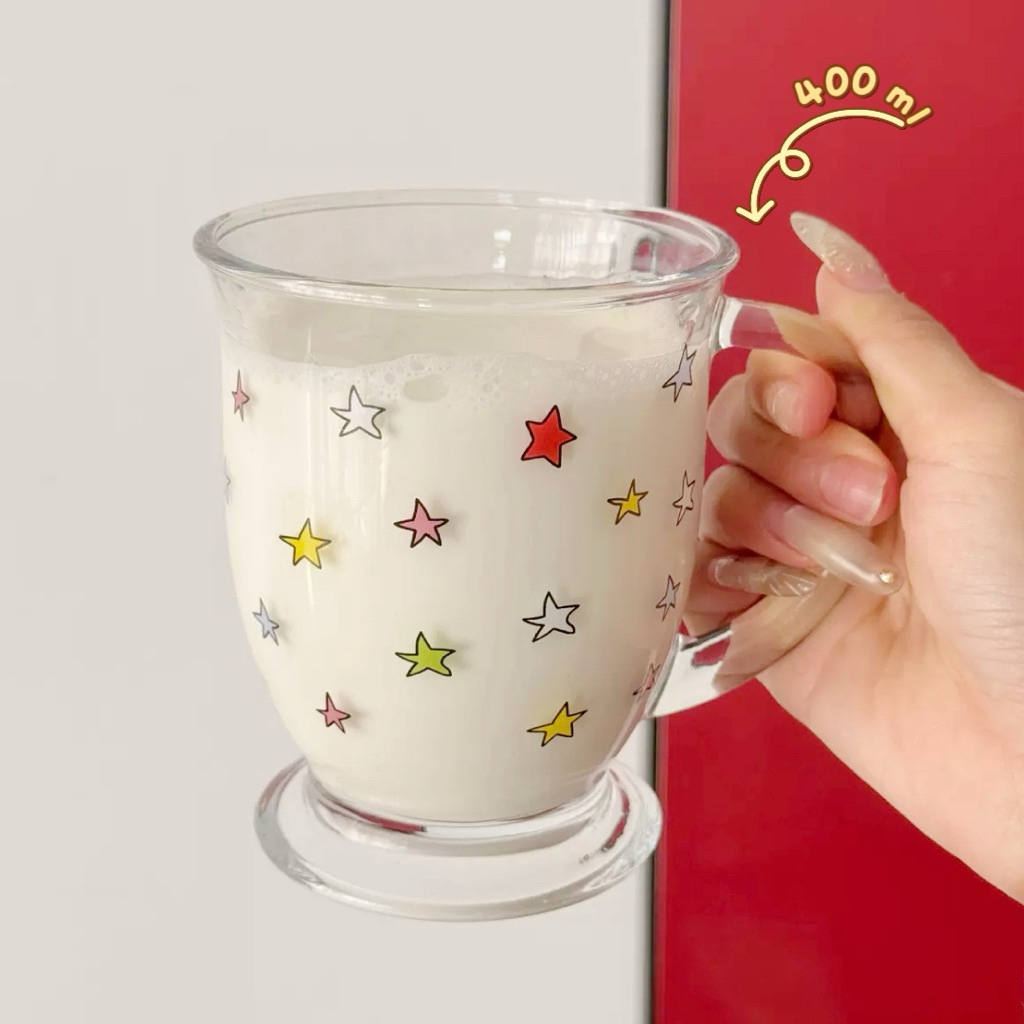 แก้วน้ำมีหู ลายดาวสีรุ้ง 400 มล แก้วกาแฟ แก้วนม วัสดุแก้ว