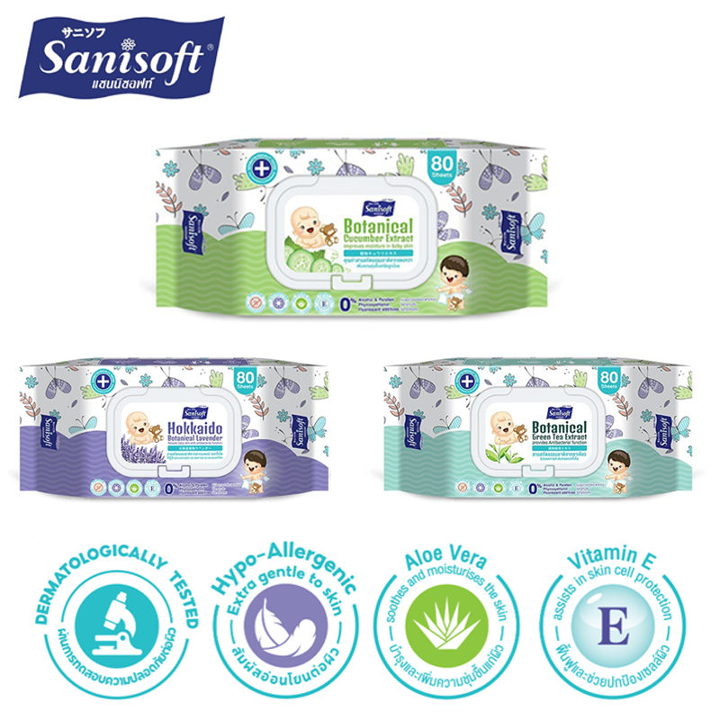 Sanisoft Wet Wipes / แซนนิซอฟท์ ทิชชูเปียก สำหรับเด็ก 80แผ่น - แบบไม่มีกลิ่น, กลิ่นชาเขียว, แตงกวา, ลาเวนเดอร์