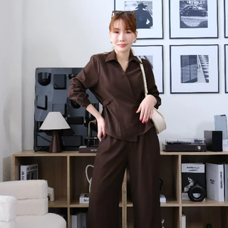 Lawyer Store | [5521629] [5521629-1] (ขายแยกชิ้น) ชุดเซ็ท เสื้อคอปกอกไขว้ ผูกเอว แขนยาว กางเกงเอวสม็อค ขายาว ผ้าใส่สบาย