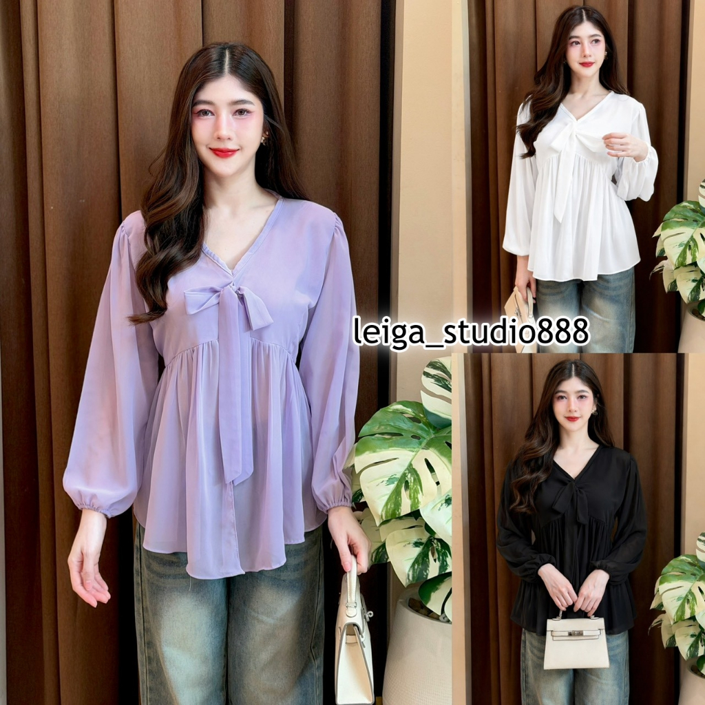 เสื้อแฟชั่น ผ้าชีฟอง คอวี แขนยาว ผ่าหน้า  พร้อมสายผูกโบว์หน้า แต่งระบาย สม๊อคหลัง ใส่แมท LG260