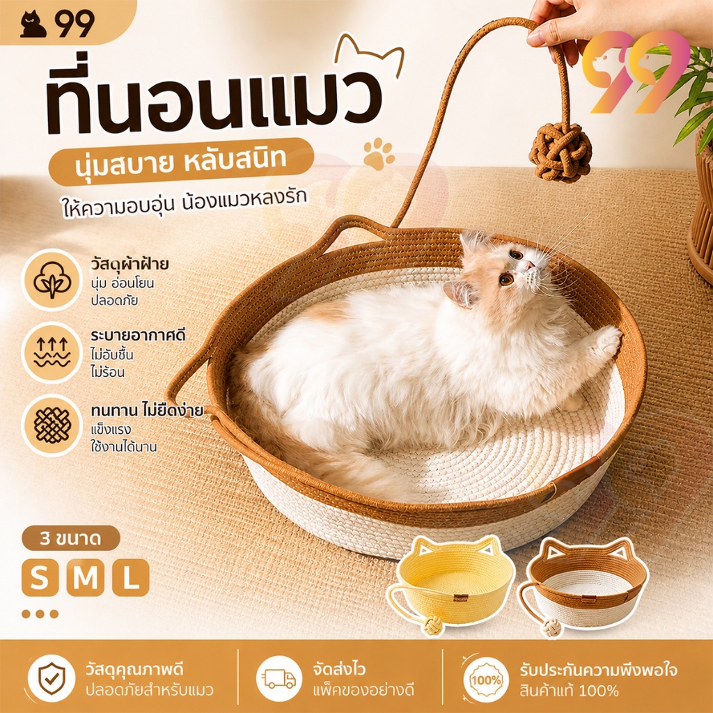 ที่นอนแมว เบาะแมวถักนุ่ม ระบายอากาศดี เบาะนอนแมวซักได้ ขนาด S M L ที่นอนสัตว์เลี้ยง ดีไซน์น่ารัก สำหรับแมวทุกสายพันธุ์