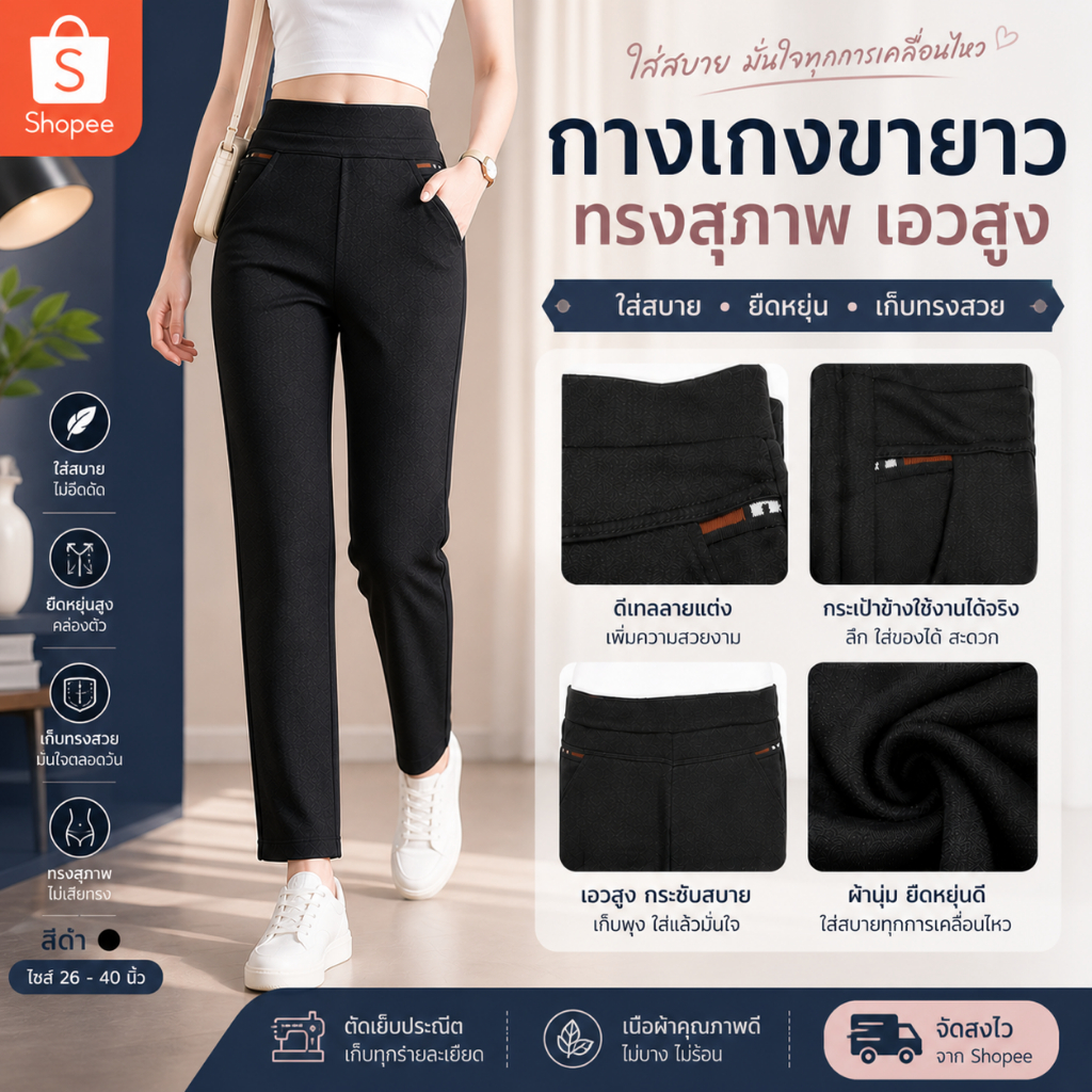 กางเกงขายาว ผ้ายืด ใส่ทำงาน ทรงสุภาพ เก็บทรงสวย มีกระเป๋า
