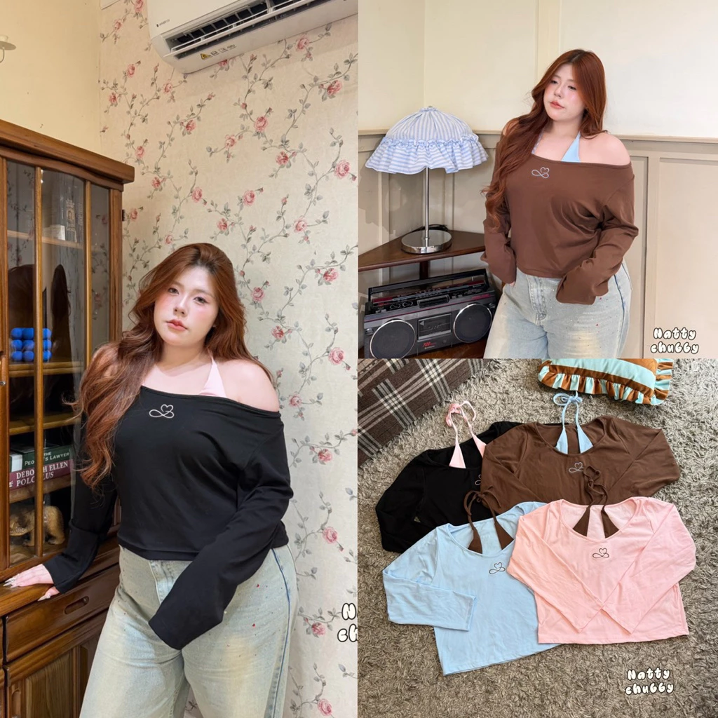 (NT) เสื้อแขนยาว แต่งคล้องคอ ใส่เปิดไหล่ได้หรือไม่เปิดก็ได้ ดีเทลปักอก สวย แซ่บนิดหน่อย พรางหุ่น ไซส์ใหญ่