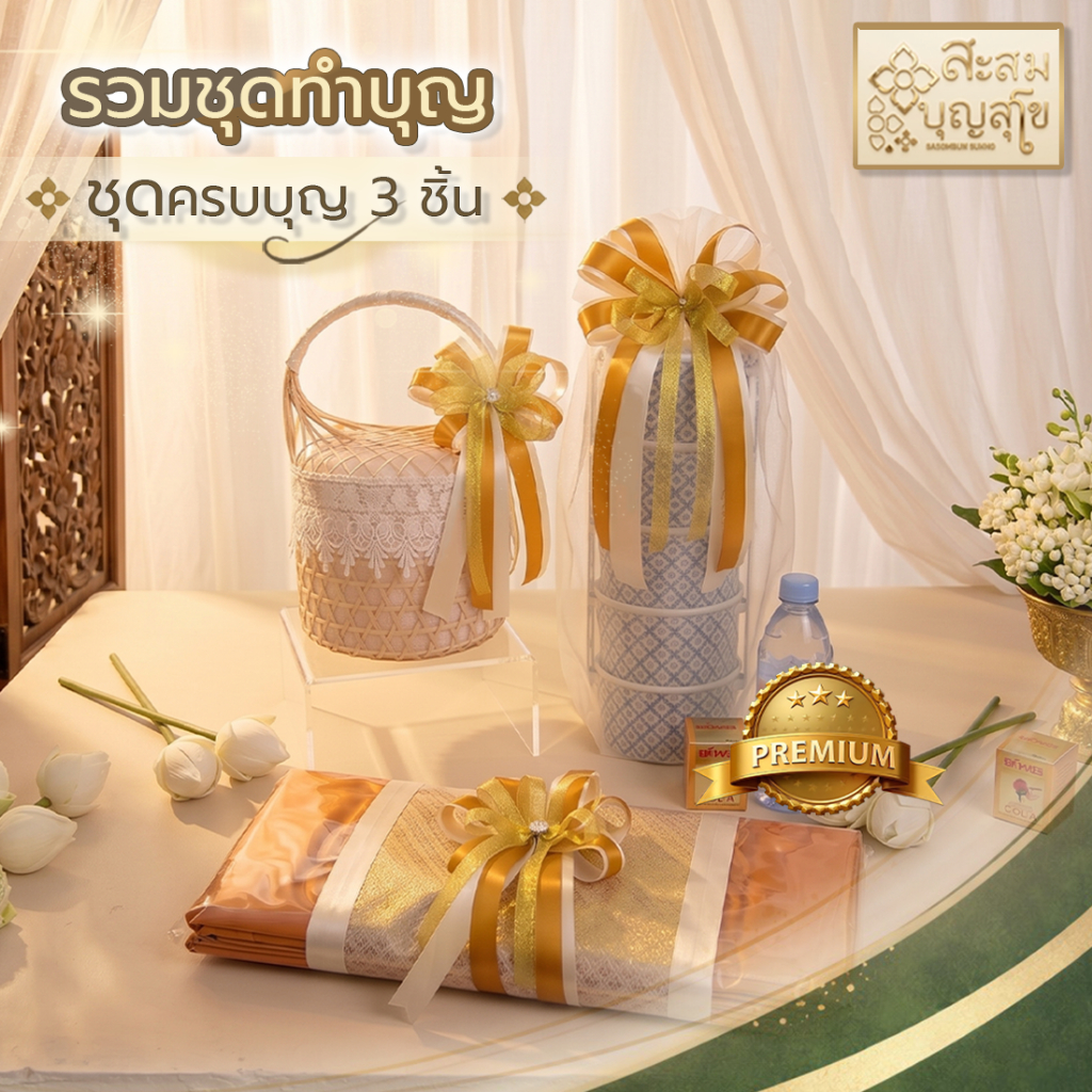 ชุดทำบุญ ครบชุด 3ชิ้น [ชุดสังฆทาน + ผ้าไตรครบชุด พรีเมี่ยม + ชุดปิ่นโตถ้วยกระดาษ 5ชั้น] พร้อมส่ง - ร้านสะสมบุญ สุโข