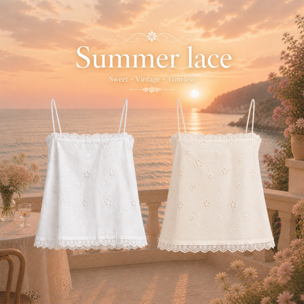 Summer lace : เสื้อสายเดี่ยว แต่งขอบลูกไม้ โชว์หลัง มีเชือกรูดปรับได้ เนื้อผ้าปักฉลุ KN.Clothes