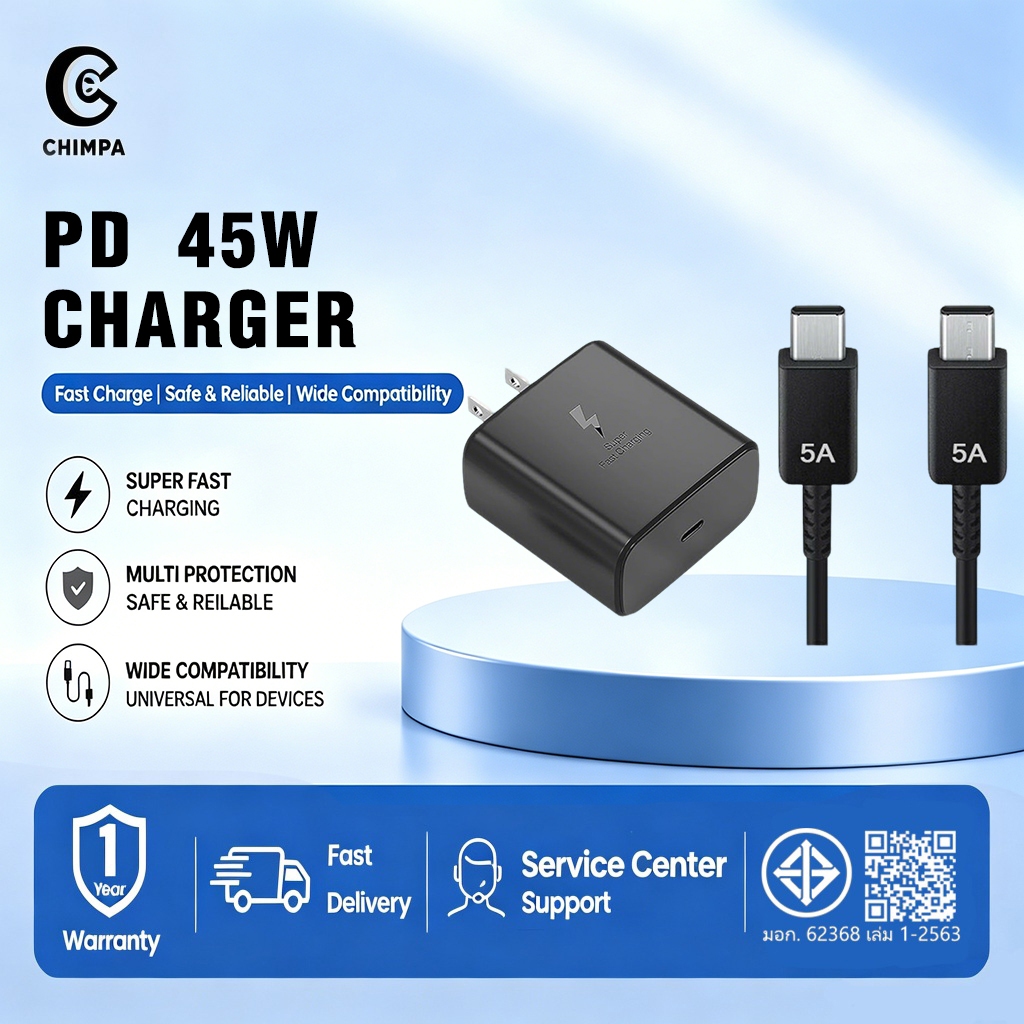 หัวชาร์จ pd 45w สายชาร์จ Typec to Typec 5A ประเภท-C ชิปอัจฉริยะ PPS สำหรับ smsung phone pad tab