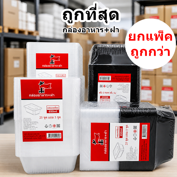 กล่องพลาสติก เหลี่ยม ใส่อาหารพร้อมฝา ทนร้อน เข้าไมโครเวฟได้ (300 - 360 ใบ/ลัง)