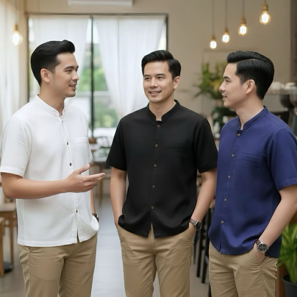 เสื้อพื้นเมืองผู้ชายสีล้วนแขนสั้น กระเป๋าเจาะ เนื้อผ้าฝ้ายเกรดA