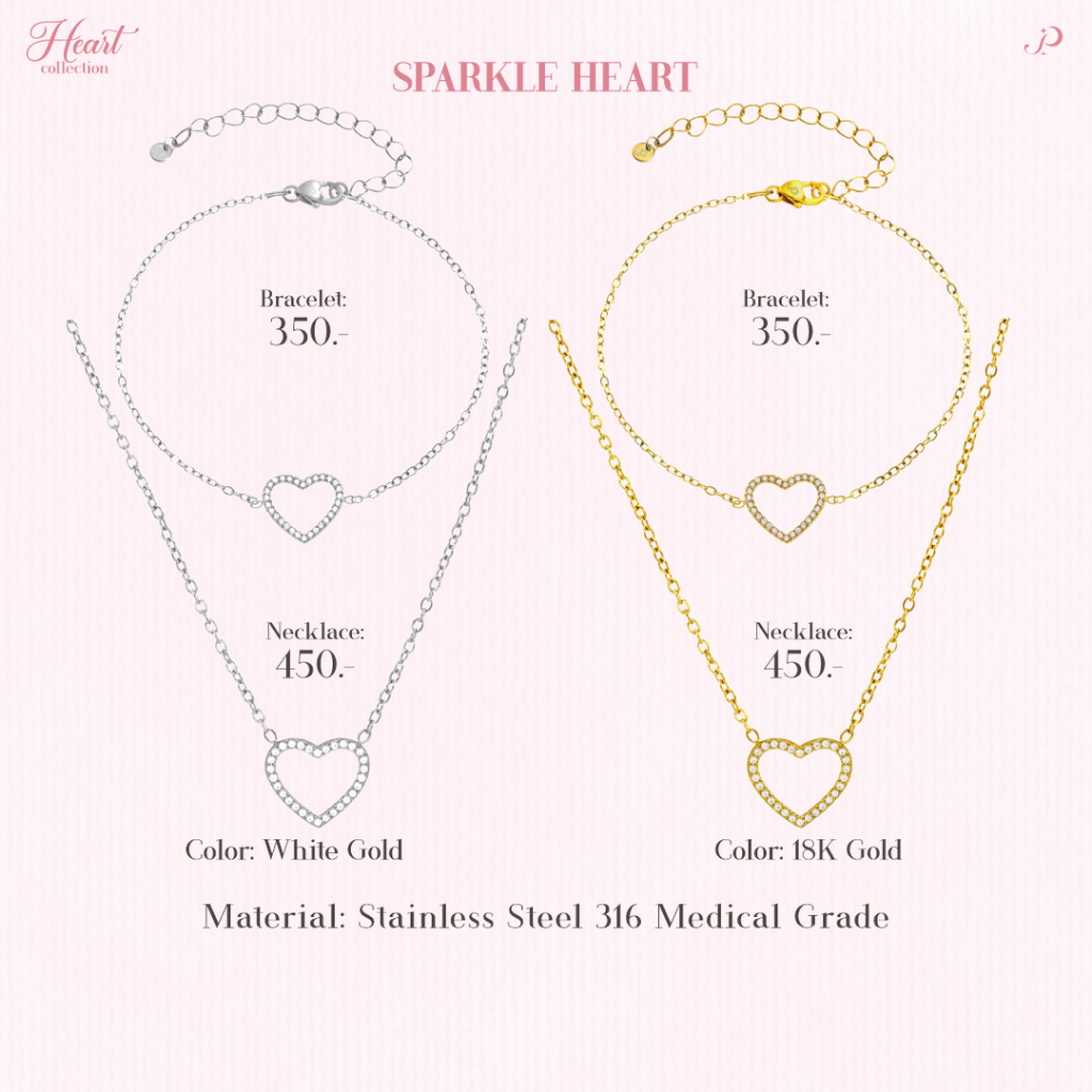 panjewelth Sparkle Heart สร้อยคอ กำไล จี้หัวใจ CZ 5A สแตนเลส316 ไม่ลอก ไม่ดำ ของขวัญ ความหมายดี N040