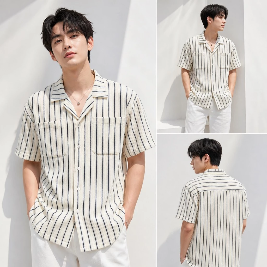 AMTAR Summer Knit Shirt เสื้อเชิ้ตโปร่ง ผ้าตาข่าย ลายทางสไตล์เกาหลี