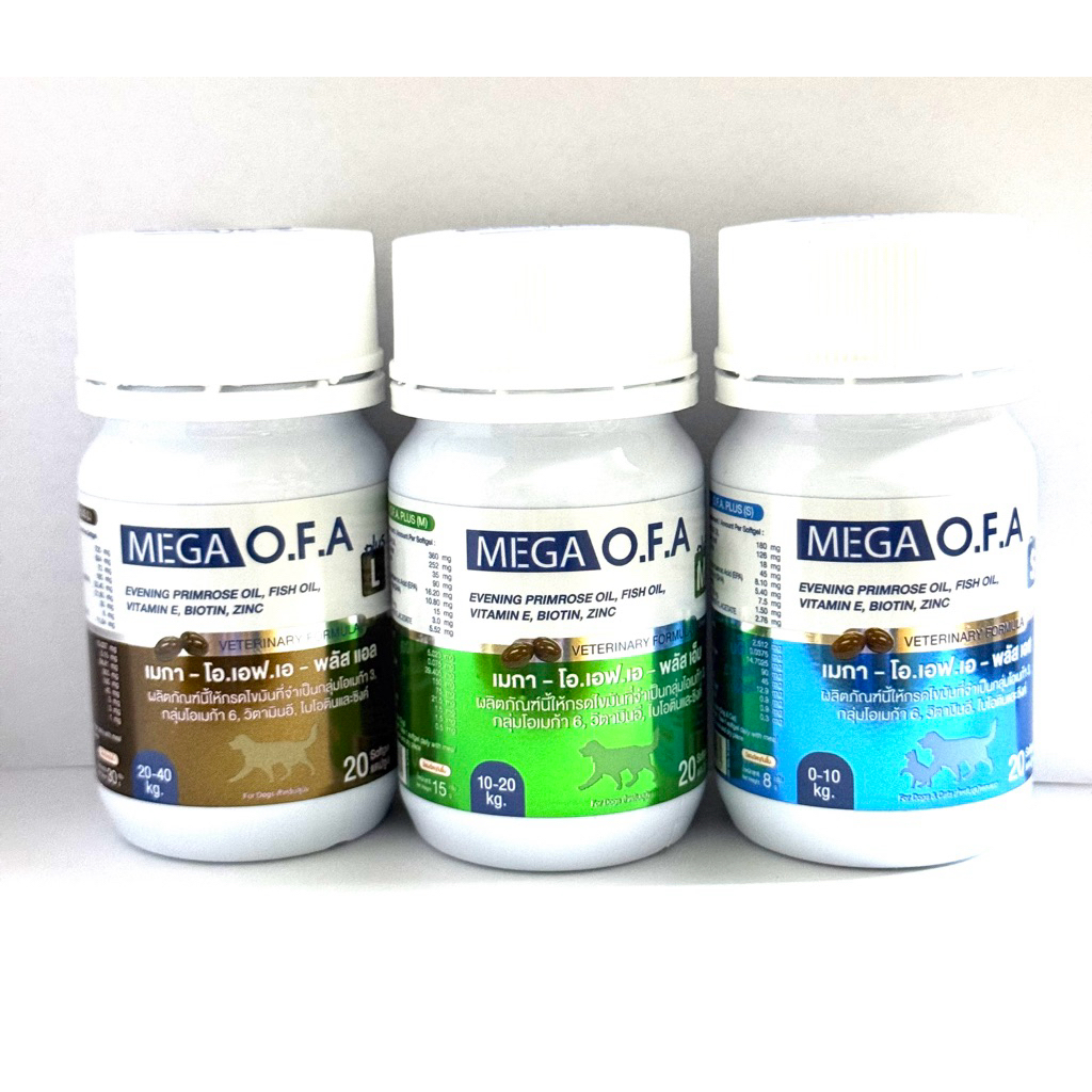 MEGA O.F.A. Flus แพ็คเกจใหม่ อาหารเสริม วิตามินบำรุงขน ลดการหลุดร่วงเส้นขนสำหรับสุนัขและแมว(1กระปุกมี20แคปซูล)