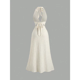 Daily Dress Halter Dress Set สีเหลือง/ขาว ผูกหลัง ดีเทลโบว์ยาว ผ้ายืด ใส่สบาย | พร้อมส่งในไทย