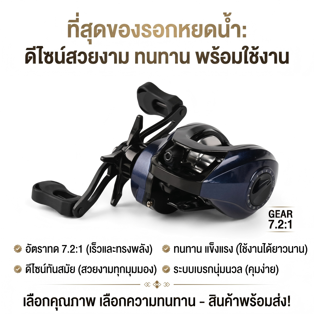 Baitcasting Reel 7.2:1 High Speed Max Drag 12lb Lightweight 199g Magnetic Brake System รอกตกปลาหยดน้ำ