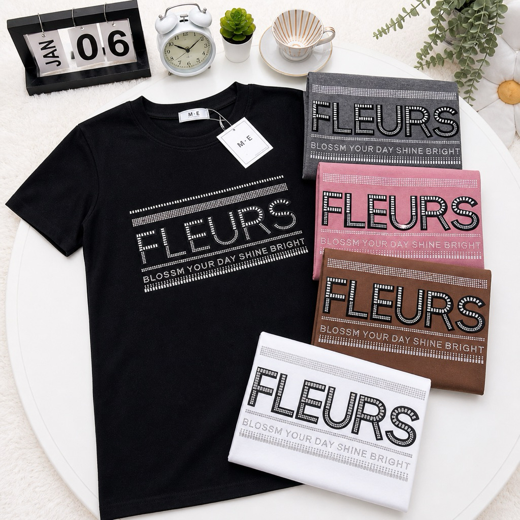 เสื้อยืดคอกลมแขนสั้น รีดเพชรลาย FLEURS ป้าย ME