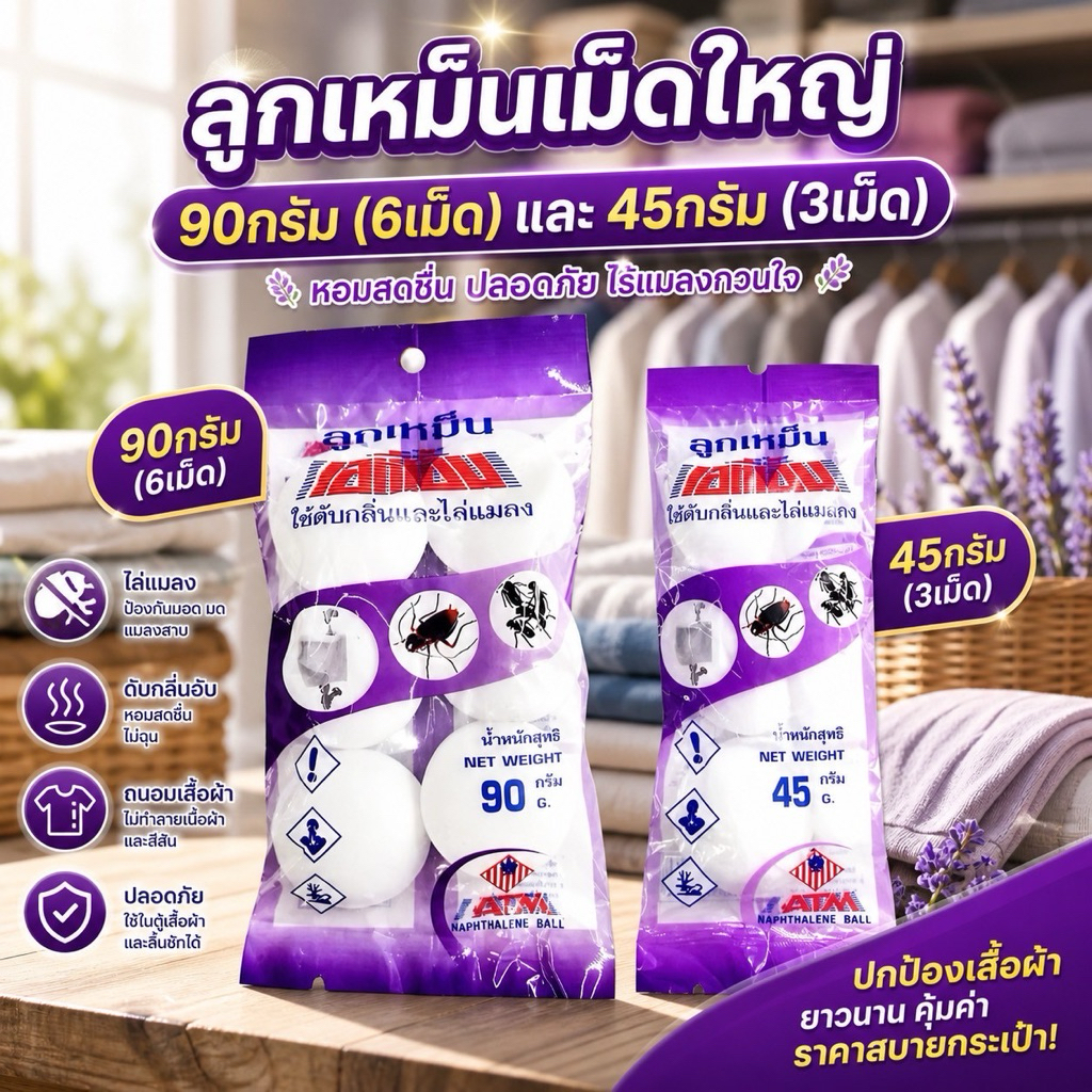 ⚪ ลูกเหม็นดับกลิ่นและไล่แมลง:มีขนาด 90กรัม 6เม็ด และ45กรัม 3เม็ด ✔️ ห้องน้ำ