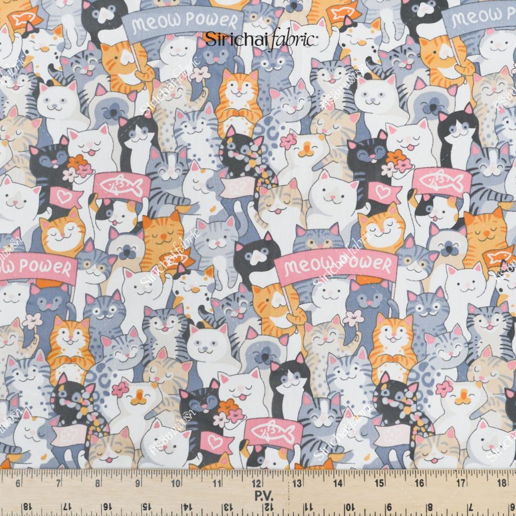 ผ้าคอตต้อน 100% ลายแมว Meow Power หน้ากว้าง 65 นิ้ว ผ้าเมตร ผ้าหลา