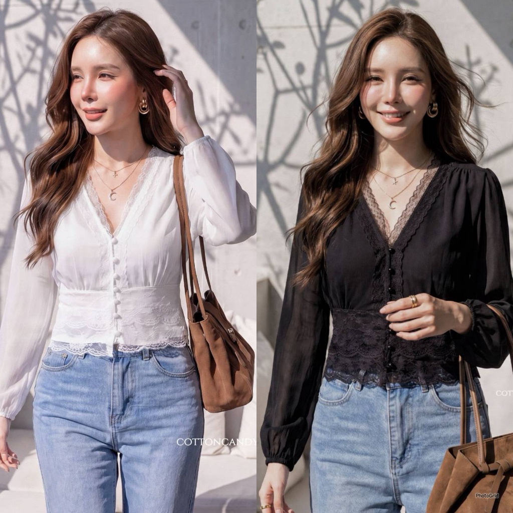 Hilook korea เสื้อเบลาส์งานสวย ผ้าดีใส่สบายสุด ๆ ดีเทลแต่งลูกไม้สวยมากกก แมทง่ายสวยเริ่ด มีเชือกผูกห