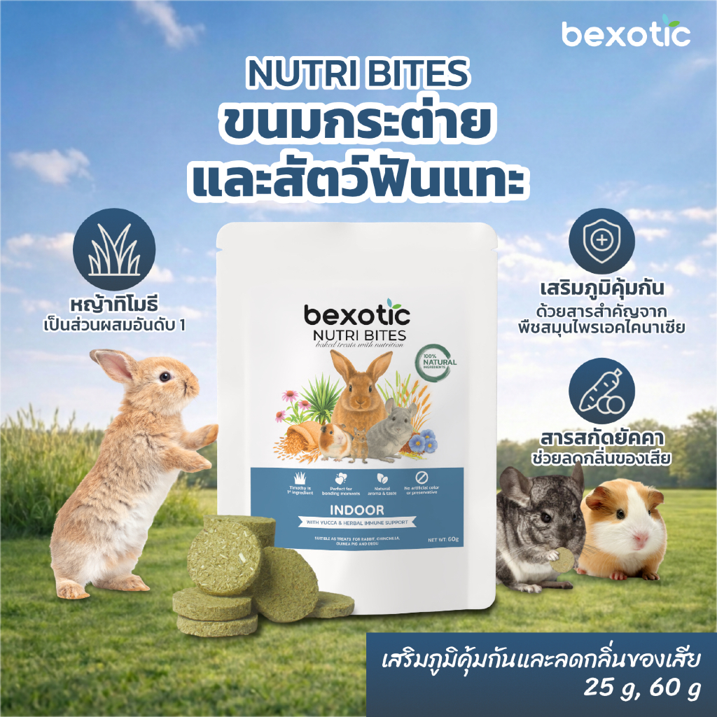 NUTRI BITES สูตร INDOOR เสริมภูมิคุ้มกันและลดกลิ่นมูล ขนมกระต่าย แกสบี้ ชินชิลล่าและสัตว์ฟันแทะ