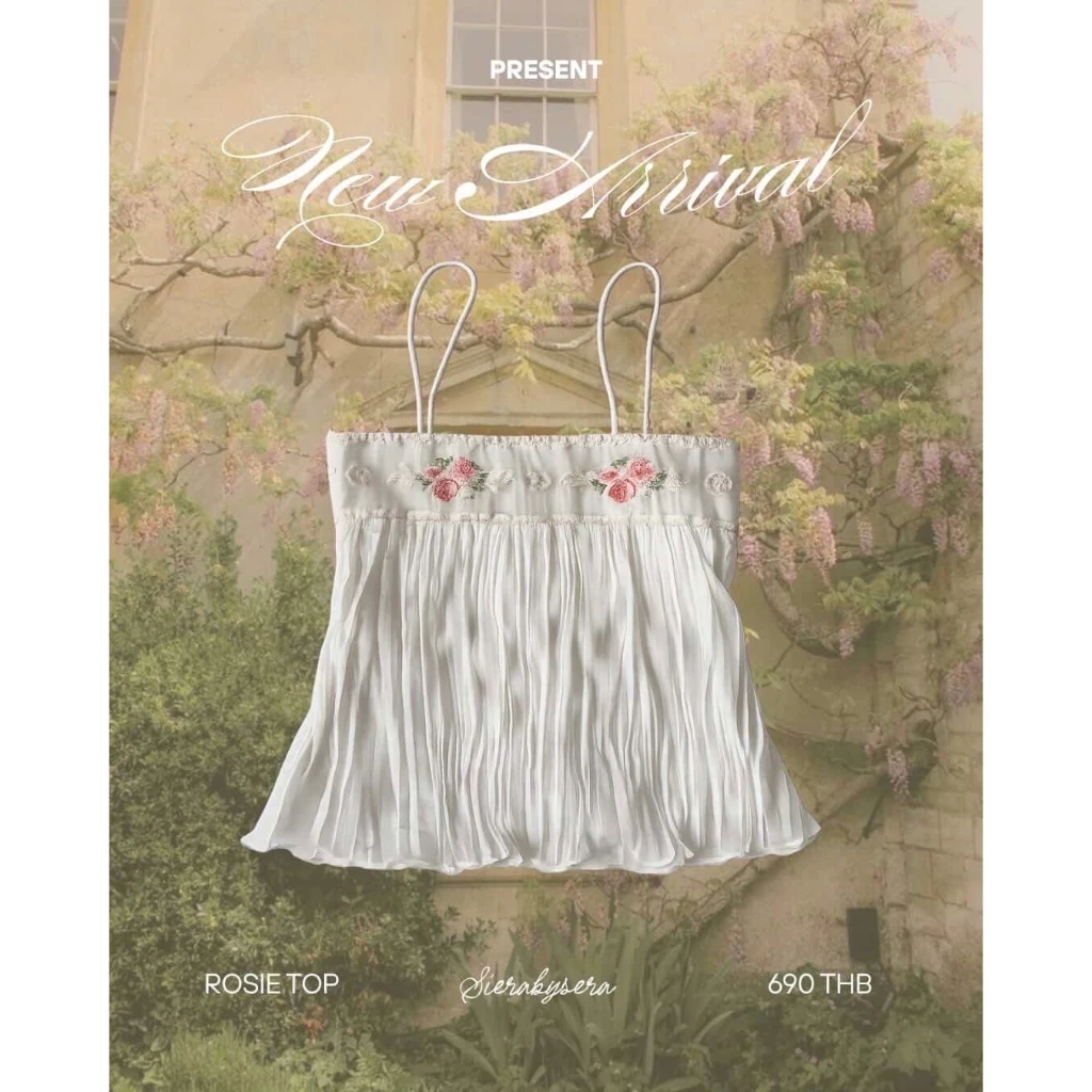 (พรีออเดอร์) ROSIE SET เซ็ตสายเดี่ยวแต่งริบบิ้นปัก baby rose ชีฟองอัดพลีทเบาสบาย