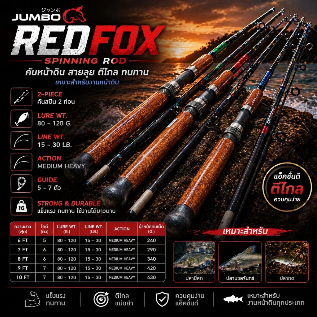 [ ของแท้ ]  คันเบ็ดตกปลา คันหน้าดิน Jumbo Redfox Line wt.15-30 lb คันสปิน 2 ท่อน งานสวย เป็นที่นิยม Spinning