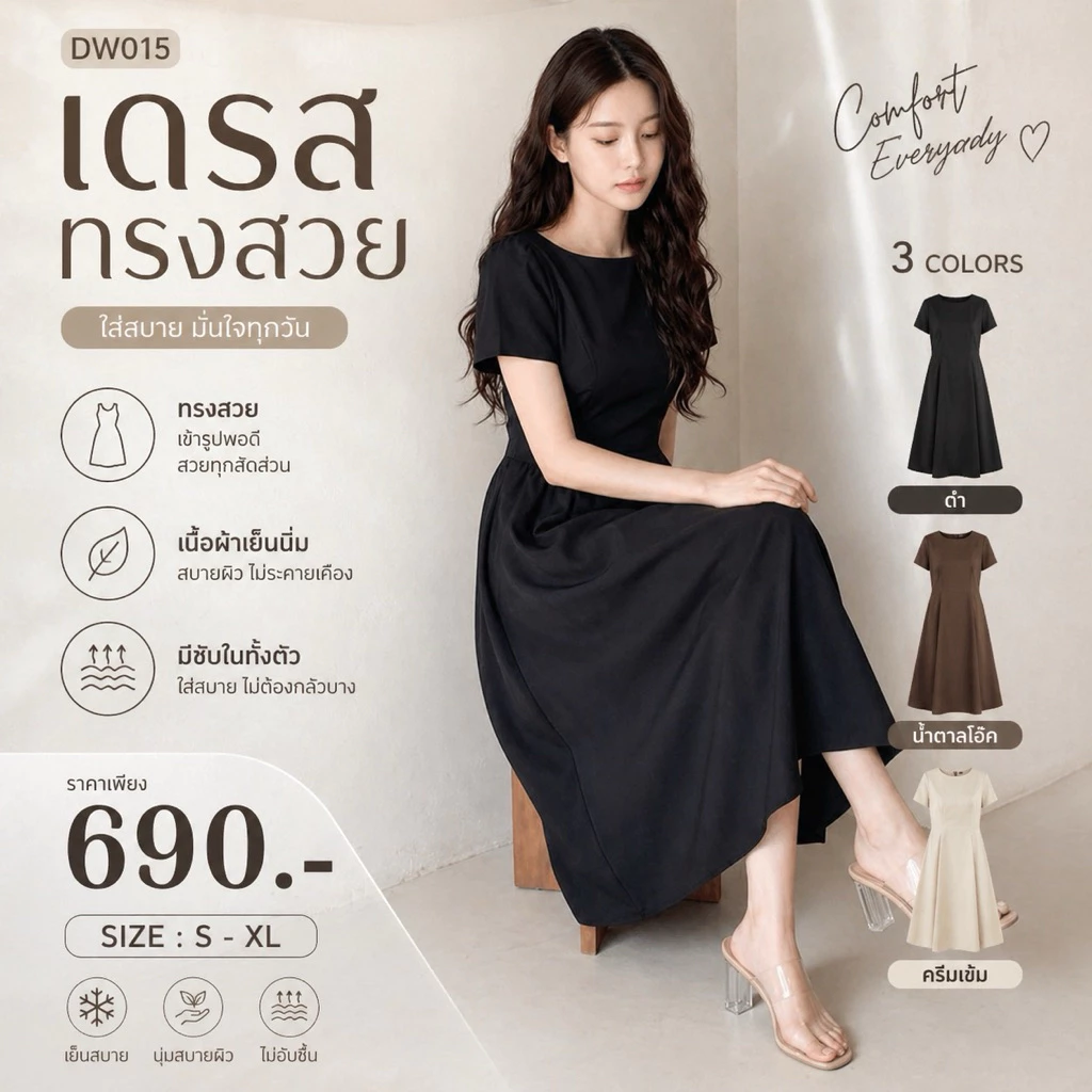 DW015# สีดำพร้อมส่งค่ะ มิดี้เดรสแขนสั้นจีบไหล่ กระโปรงบาน ชุดทำงานใส่สบาย ชุดทำงานผู้หญิง แฟชั่นสาวออฟฟิศ