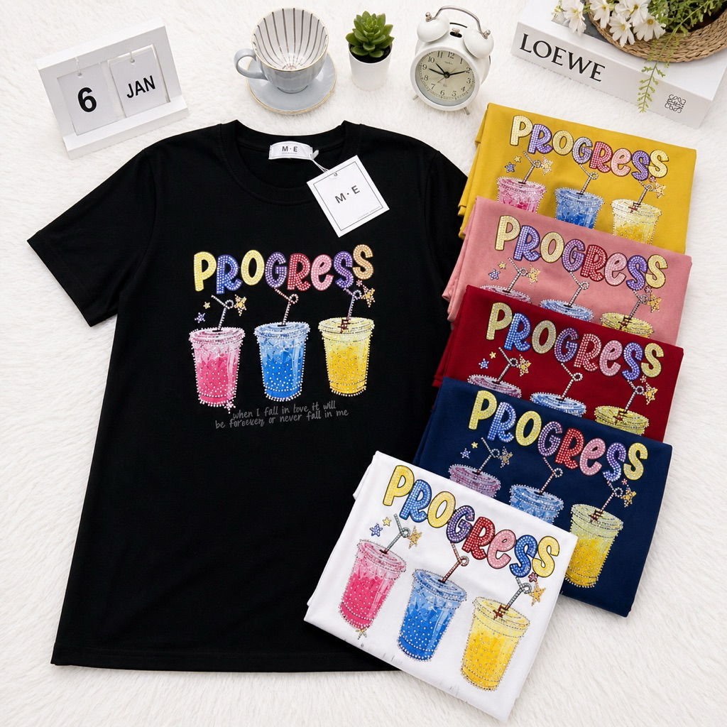 เสื้อยืดคอกลมแขนสั้น รีดเพชรลายแก้วน้ำสีสันสดใส ป้าย ME