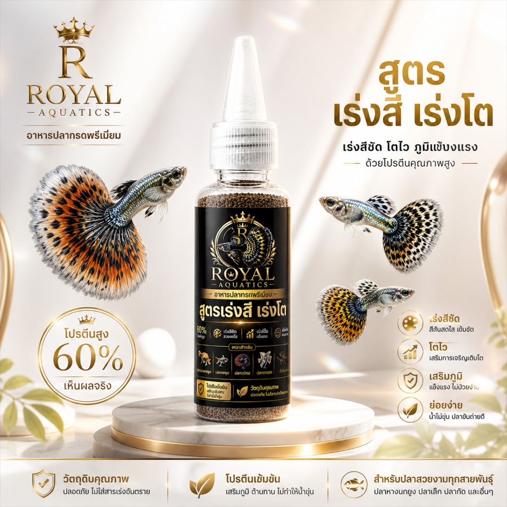 Royal Aquatics อาหารปลาหางนกยูง โปรตีน 60% เร่งสี เร่งโต เม็ดเล็ก ลูกปลากินได้