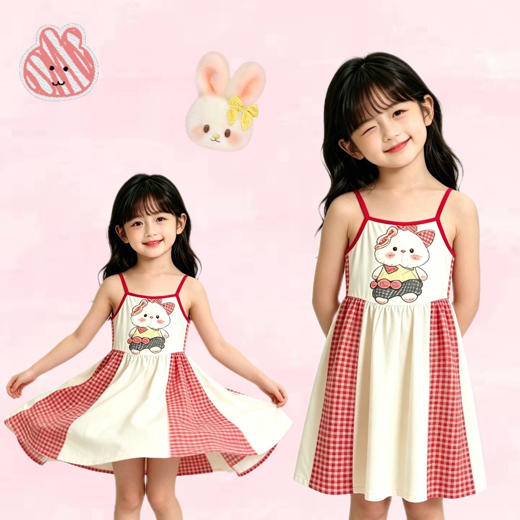 BB272 เดรสเด็กหญิง Summer Dress สายเดี่ยว สีครีมแดง น่ารักสดใส(8690)