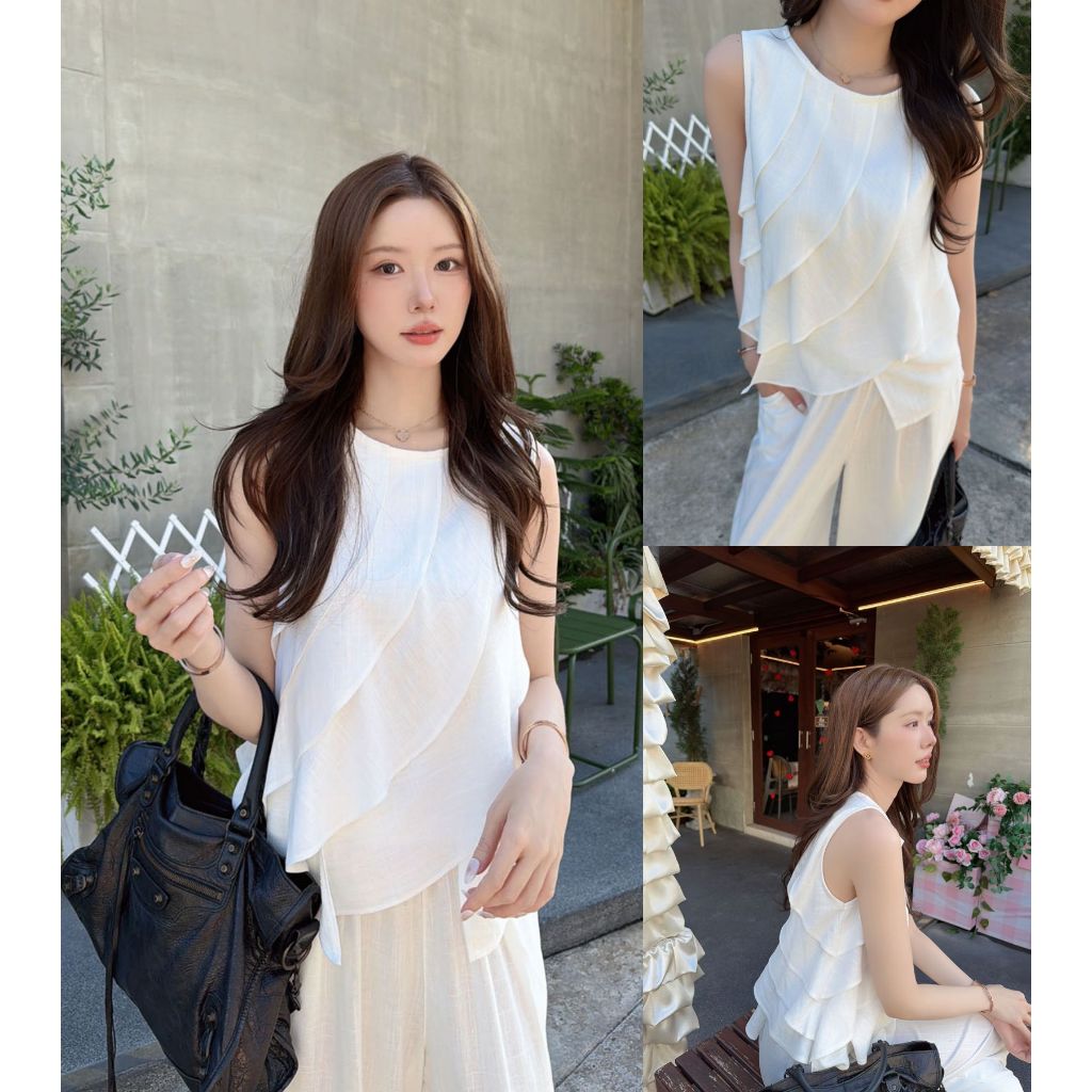 ส่งทันที 💨 SLYQ CIRCLE LAYERED RUFFLE LINEN TOP เสื้อแขนกุดเย็บผ้าวงกลมซ้อน