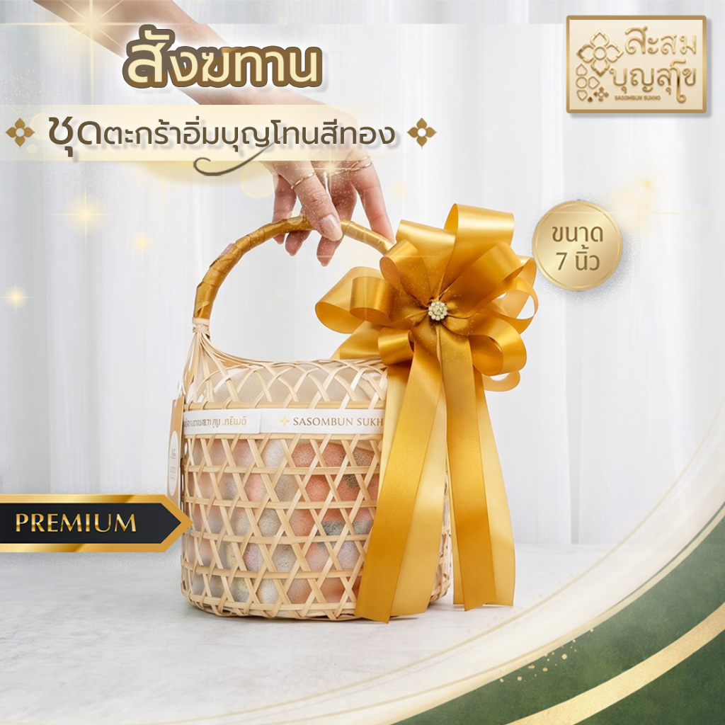 อิ่มบุญโทนสีทอง+โบว์ 7นิ้ว ร้านสะสมบุญสุโข | สังฆทาน ของถวายพระ ทำบุญ ครบชุด พร้อมส่ง เลือกสีโบว์ได้ | รับโบว์ ✅