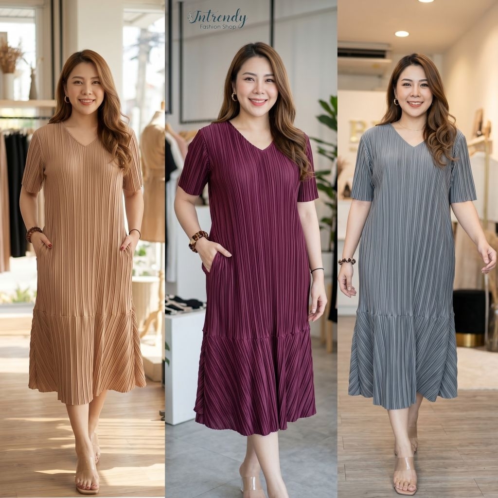 New.เดรสพลีทไฮเกรดชายระบายV neck dress , ruffled Code-S4 Tw { อก:36 - 46 นิ้ว }ใส่สวย.