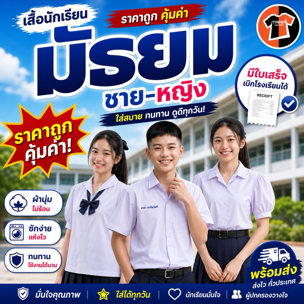 เสื้อนักเรียน มัธยม ม.ต้น ม.ปลาย  ชาย-หญิง มีทุกไซส์ ตราสุภาพร ((มีใบเสร็จเบิกโรงเรียน))