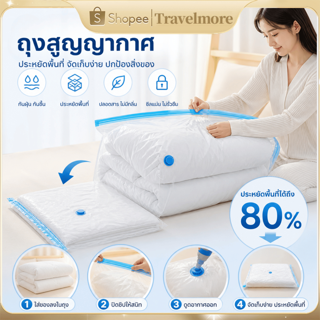 ถุงบีบอัด ถุงบีบอัดสูญญากาศ มีหลายขนาดให้เลือก Vacuum bag พร้อมปั้มลม การปิดผนึกแบบพิเศษ ป้องกันความชื้นและป้องกันเชื้อร