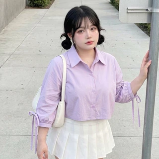 K18 🧸 [S - XXXXXL] เสื้อเชิ้ตครอปสาวอวบ อก 40 50 60 นิ้วใส่ได้ ไซส์ใหญ่ ดีเทลแขนผูกโบว์ สีสันน่ารักพาสเทล สไตล์เกาหลี