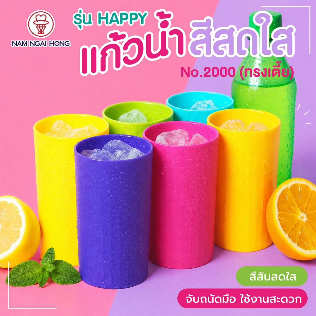 NamNgaiHong แพค 6 และ 12ใบ แก้วนํ้าสีสดใส รุ่น Happy 2000 ใส่ นํ้า เครื่องดื่ม นํ้าแข็ง  ใส่ได้ หลากหลาย