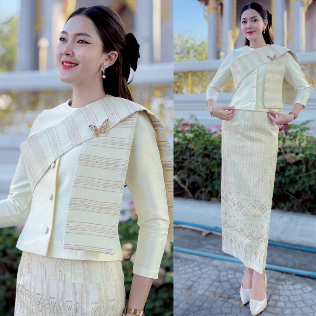 HM (ขายแยก) ชุดไทยเรือนต้นสีครีม เสื้อไทยเรือนต้น ผ้าทอไหมรังขาว สะไบ ผ้าถุงแบบสำเร็จรูปผ้าฝ้ายทอลาย ชุดไทยใส่ไปทำบุญ